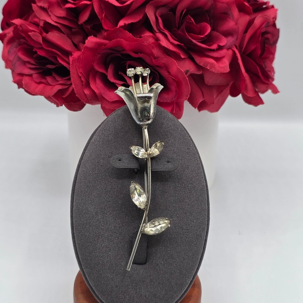 Vintage Silver Tone Rose Brooch Rhinestone Floral Pin Jewelry Pin Estate Sweet